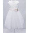 Abito Cerimonia Bambina Damigella, con Gonnellone in Tulle Fiore Avorio, Colore Bianco in Misto Raso, Alessia