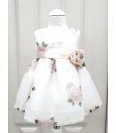 Abitino Floreale Cerimonia Bimba e Bambina, con Coprispalle Rosa, Cintura e Fiore, Colore Bianco e Rosa in Poliestere, Bambolina