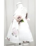 Abitino Floreale Cerimonia Bimba e Bambina, con Coprispalle Rosa, Cintura e Fiore, Colore Bianco e Rosa in Poliestere, Bambolina