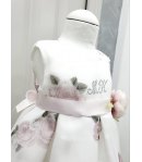 Abitino Floreale Cerimonia Bimba e Bambina, con Coprispalle Rosa, Cintura e Fiore, Colore Bianco e Rosa in Poliestere, Bambolina
