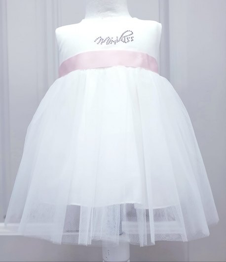 Abitino Cerimonia Neonata Bimba, con Coprispalle, Cintura di Raso e Fiore, Colore Bianco e Rosa in Poliestere, Kiss