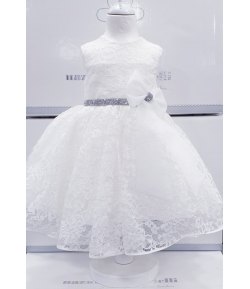 Abito da Battesimo e Cerimonia Neonata Bimba, in Pizzo Bianco, con Cinta e Fiocco in Tulle e Strass, in Misto Seta, Valentino