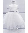 Abitino da Battesimo e Cerimonia Neonata Bimba, in Pizzo Bianco, con Cinta e Fiocco in Tulle e Strass, in Misto Seta, Valentino