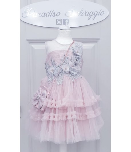 Abito da Cerimonia per Bambina, Rosa e Grigio, con Veli Ricci, Fiori e Strass, Fiocco e Borsetta, in Poliestere, Valentino