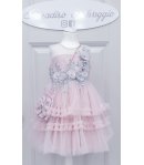 Abito da Cerimonia per Bambina, Rosa e Grigio, con Veli Ricci, Fiori e Strass, Fiocco e Borsetta, in Poliestere, Valentino