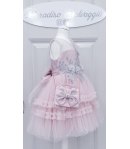 Abito da Cerimonia per Bambina, Rosa e Grigio, con Veli Ricci, Fiori e Strass, Fiocco e Borsetta, in Poliestere, Valentino