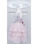 Abito da Cerimonia per Bambina, Rosa e Grigio, con Veli Ricci, Fiori e Strass, Fiocco e Borsetta, in Poliestere, Valentino