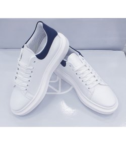 Scarpe Sneakers da Uomo, Allacciate, Bianche con Baffo Blu Posteriore e Para Alta, Modello Smith, in Neoprene, Manfredi