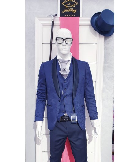 Abito Completo da Cerimonia Uomo, Damascato Bluette, Bianco, Grigio, Slim, Elasticizzato, in Viscosa, Poliestere e Cotone, Brera