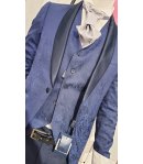 Abito Completo da Cerimonia Uomo, Damascato Bluette, Bianco, Grigio, Slim, Elasticizzato, in Viscosa, Poliestere e Cotone, Brera