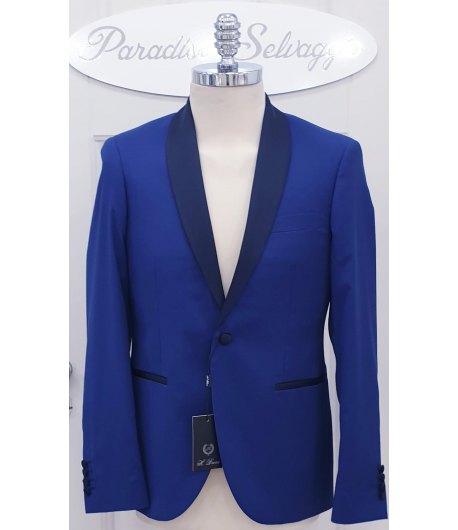 Abito Completo da Cerimonia Uomo, Bluette e Raso Blu Scuro, Slim, Semi-Elasticizzato, in Viscosa e Poliestere, Brera