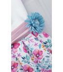 Abito da Cerimonia per Bambina e Ragazza, Corpetto Bianco e Gonna Floreale Multicolor, Cintura con Fiore, in Tecno Raso, Enjoy