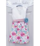 Abito da Cerimonia per Bambina e Ragazza, Corpetto Bianco e Gonna Floreale Multicolor, Cintura con Fiore, in Tecno Raso, Enjoy