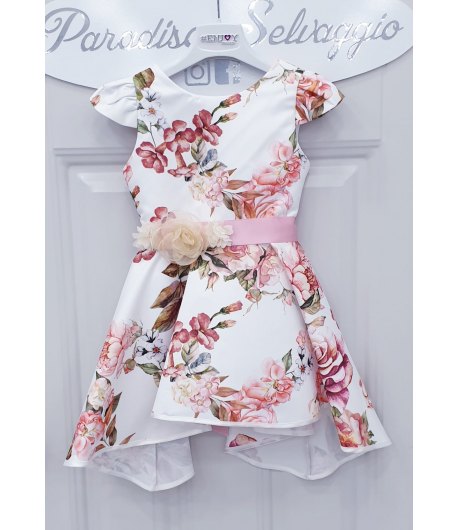 Abito da Cerimonia per Bambina, Bianco, con Fiori Colorati Stampati, Cintura Rosa con Fiore Crema e Fiocco, in Tecno Raso, Enjoy