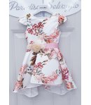 Abito da Cerimonia per Bambina, Bianco, con Fiori Colorati Stampati, Cintura Rosa con Fiore Crema e Fiocco, in Tecno Raso, Enjoy