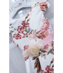 Abito da Cerimonia per Bambina, Bianco, con Fiori Colorati Stampati, Cintura Rosa con Fiore Crema e Fiocco, in Tecno Raso, Enjoy