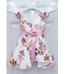 Abito da Cerimonia per Bambina, Bianco, con Fiori Colorati Stampati, Cintura Rosa con Fiore Crema e Fiocco, in Tecno Raso, Enjoy