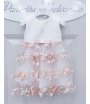 Abito da Battesimo e Cerimonia Bimba Neonata, Bianco con Gonna Velata Floreale e Fiocco Rosa, in Tecno Raso, Bambolina