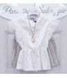 Completo per Bambina e Ragazza, Camicia Bianca a Maniche Velate e Short Beige Rigati Bianchi e Collana, in Cotone e Lino, Enjoy