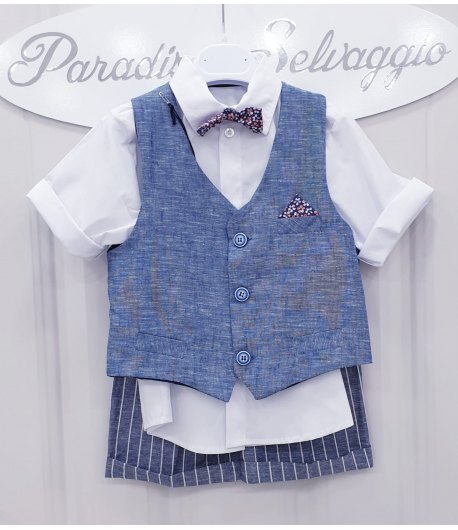 Completino da Cerimonia per Bimbo e Bambino, Azzurro e Bianco, in Lino e Cotone Effetto Jeans, Disastred68