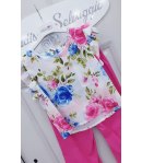 Completo per Bambina e Ragazza, Maglia Bianca con Fiori Colorati e Pantaloni Fucsia, in Cotone e Viscosa, Enjoy