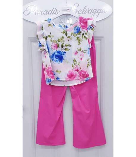 Completo per Bambina e Ragazza, Maglia Bianca con Fiori Colorati e Pantaloni Fucsia, in Cotone e Viscosa, Enjoy