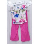 Completo per Bambina e Ragazza, Maglia Bianca con Fiori Colorati e Pantaloni Fucsia, in Cotone e Viscosa, Enjoy