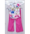 Completo per Bambina e Ragazza, Maglia Bianca con Fiori Colorati e Pantaloni Fucsia, in Cotone e Viscosa, Enjoy