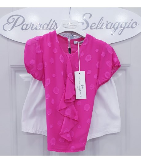 Completo per Bambina e Ragazza, Maglia Fucsia con Pois e Volants e Short Bianchi, in Cotone, Nazareno Gabrielli
