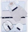 Coordinato Prima Uscita per Bimbo Neonato, Celeste, Beige, Blu e Bianco, in Cotone e Lino, Teneri e Belli