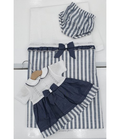 Coordinato Prima Uscita per Bimba Neonata, Blu e Bianco, a Fasce e Rigato, in Filo Operato Cotone e Lino, Margherita