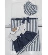 Coordinato Prima Uscita per Bimba Neonata, Blu e Bianco, a Fasce e Rigato, in Filo Operato Cotone e Lino, Margherita