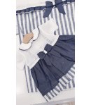 Coordinato Prima Uscita per Bimba Neonata, Blu e Bianco, a Fasce e Rigato, in Filo Operato Cotone e Lino, Margherita