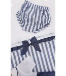 Coordinato Prima Uscita per Bimba Neonata, Blu e Bianco, a Fasce e Rigato, in Filo Operato Cotone e Lino, Margherita