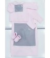 Coordinato Prima Uscita per Bimba Neonata, Rosa con Riquadri Grigi e Strisce Velate, in Lana Merinos, Hophoplà
