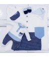 Coordinato Prima Uscita per Bimbo Neonato, Bianco, Celeste e Blu, con Taschino e Bottoni, in Ciniglia di Cotone, Hophoplà