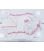 Coordinato Prima Uscita per Bimba Neonata, Bianco e Rosa, con Paillettes e Volant, in Ciniglia di Cotone, Hophoplà