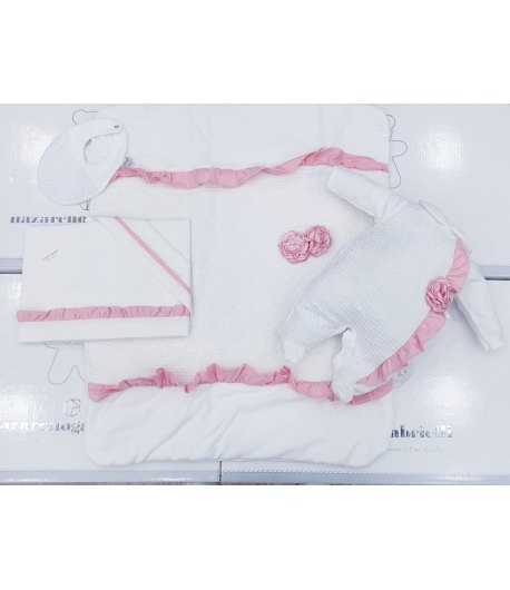 Coordinato Prima Uscita per Bimba Neonata, Bianco e Rosa, con Paillettes e Volant, in Ciniglia di Cotone, Hophoplà