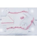 Coordinato Prima Uscita per Bimba Neonata, Bianco e Rosa, con Paillettes e Volant, in Ciniglia di Cotone, Hophoplà