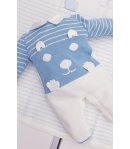 Coordinato Prima Uscita per Bimbo Neonato, Bianco e Celeste, con Ricami e Rilievi, in Lana Merinos, Prime Emozioni