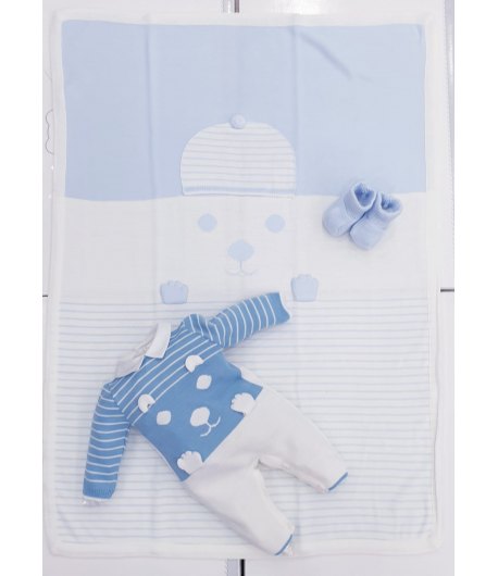 Coordinato Prima Uscita per Bimbo Neonato, Bianco e Celeste, con Ricami e Rilievi, in Lana Merinos, Prime Emozioni