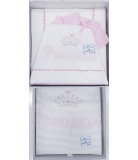 Coordinato Carrozzino per Bimba Neonata, Bianco e Rosa, Scritta e Ricami di Principessa, in Cotone Piquet, I Batuffolini