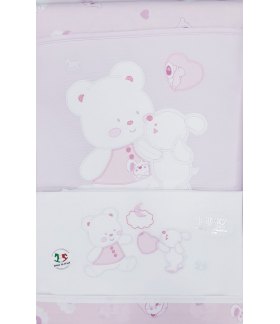 Coordinato Carrozzino per Bimba Neonata, Rosa e Bianco, Disegni e Ricami di Orsetti, in Cotone Piquet, Mio Piccolo