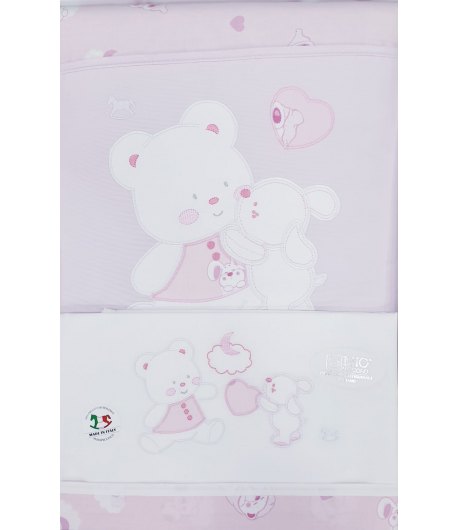 Coordinato Carrozzino per Bimba Neonata, Rosa e Bianco, Disegni e Ricami di Orsetti, in Cotone Piquet, Mio Piccolo