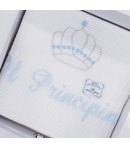 Coordinato Carrozzino per Bimbo Neonato, Bianco e Celeste, Scritta e Ricami di Principino, in Cotone Piquet, I Batuffolini