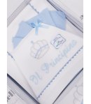 Coordinato Carrozzino per Bimbo Neonato, Bianco e Celeste, Scritta e Ricami di Principino, in Cotone Piquet, I Batuffolini