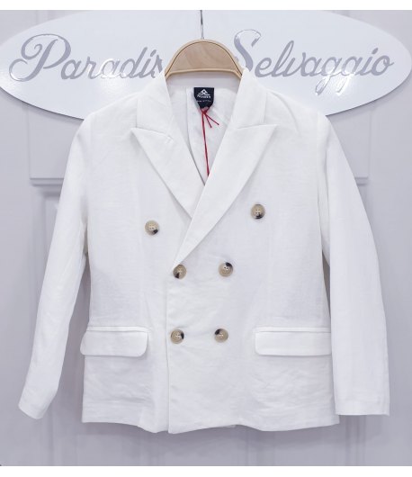 Giacca per Bambino e Ragazzo, Bianca, in Lino e Cotone, Modello Doppiopetto, con Bottoni Beige e Spacco Dietro, Fadster