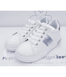 Scarpe Sneakers da Bambina e Ragazza, Bianche con Fascia e Baffo Posteriore Argento, in Ecopelle, Camidy