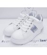 Scarpe Sneakers da Bambina e Ragazza, Bianche con Fascia e Baffo Posteriore Argento, in Ecopelle, Camidy