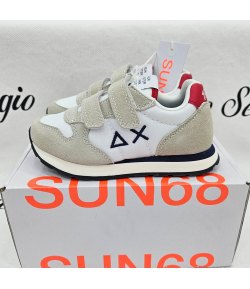 Scarpe Sneakers Bimbo e Bambino, Bianche, Beige e Blu con Baffo Rosso, Doppio Strappo, in Pelle e Tessuto, Sun68